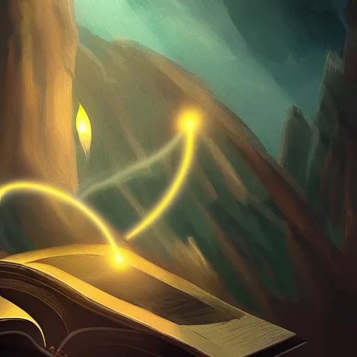 Prompt: light falling on a mythical book in dark background, dark color scheme, artstation