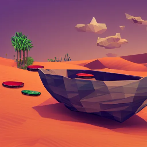 Image similar to boat in the dessert filled with coins, game concept, low poly