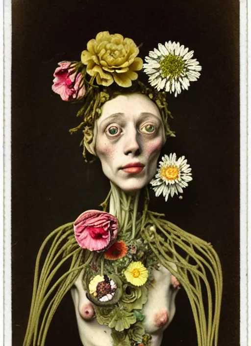 Image similar to beautiful and detailed rotten woman made of plants and many types of stylized flowers like carnation, daisy, chrysanthemum, anemone, roses and tulips, intricate, surreal, john constable, gustave courbet, caravaggio, romero ressendi, bruno walpoth 1 9 1 0 polaroid photo