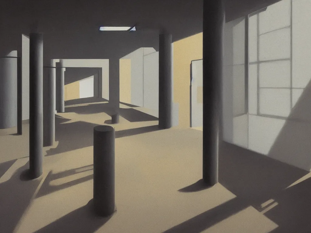 Image similar to colorful minimalist industrial interior hallway with monolithic pillars in the style of ridley scott and stanley kubrick, impossible stijl architecture, science fiction, lone silhouette in the distance, ultra wide angle view, cinematic, god rays, volumetric lighting, neo tokyo, realistic detailed painting by edward hopper