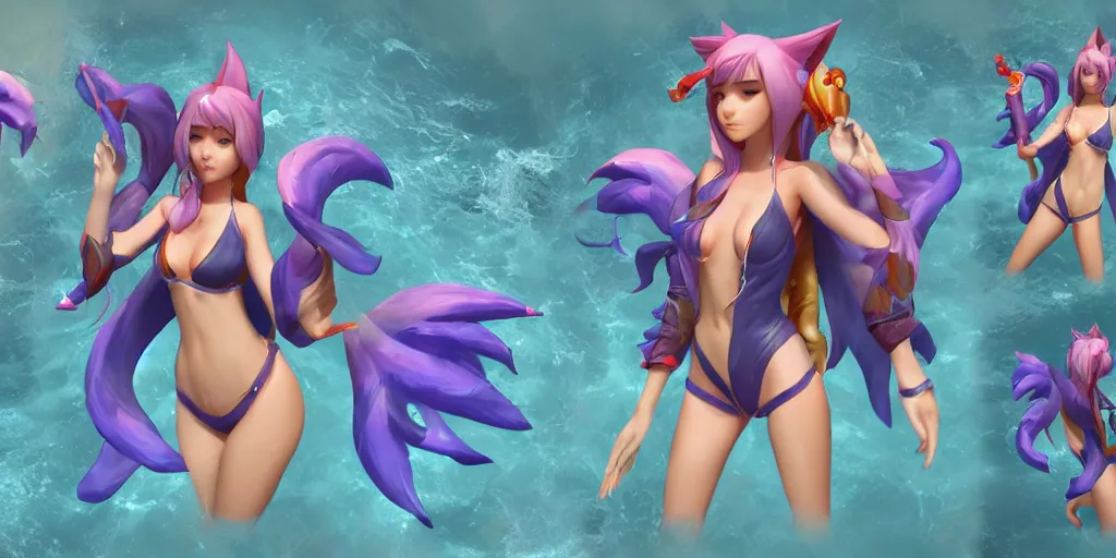 Image similar to Character sheet of pool party ahri (League of Legends). 3d unreal engine 5 trending on artstation