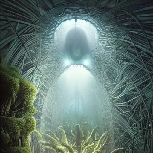 Prompt: epic alien jungle by zdzisław beksinski, greg rutkowski inside a giant futuristic structure by zaha hadid, futuristic organic shapes combined with lush flora