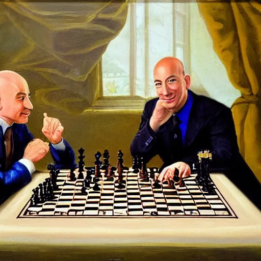 Prompt: jeff bezos with robin wiiliams playing chess looking wise, rococo oil painting, highly detailed