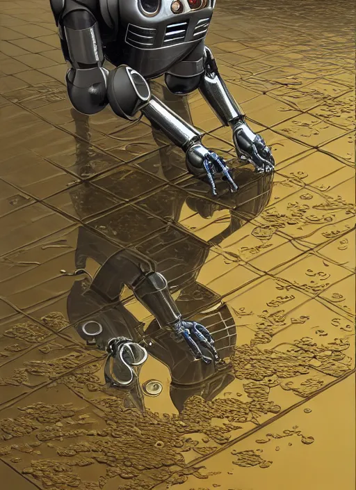 Image similar to a very detailed robot, bent over the reflection in a puddle, highly detailed, manga, perfectly face, highly detailed, masterpiece, artstation, golden ratio, soft light, perfect intricate highly detailed, detailed, painting by jemes jean, digital lines, 8 k