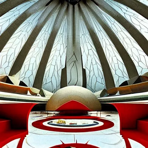 Image similar to interior of a futuristic lotus temple with gold, red and white marble panels, in the desert, by buckminster fuller and syd mead, intricate contemporary architecture with art nouveau motifs, photo journalism, photography, cinematic, national geographic photoshoot