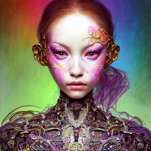 Prompt: a masterpiece hyper detailed portrait of a beautiful evil girl - cyborg baroque renaissance. rainbow color scheme. medium shot, intricate, elegant, highly detailed, by stanley artgerm lau, wlop, rossdraws, james jean, andrei riabovitchev, marc simonetti, background by james jean and gustav klimt, light by julie bell, porcelain skin.