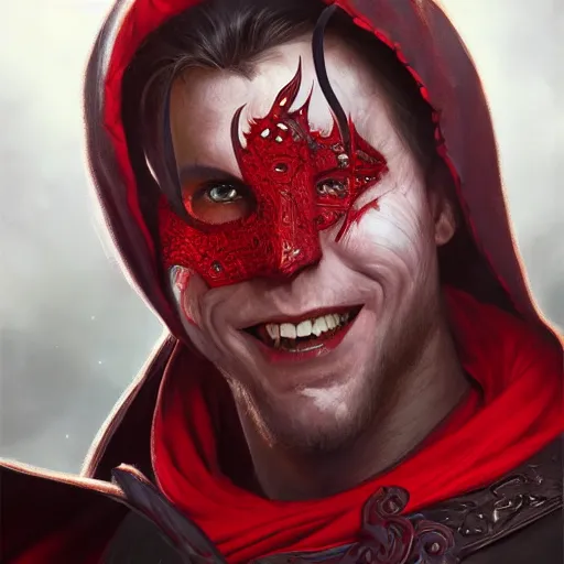 Prompt: portrait of a male tiefling with red skin wearing a black hood, smiling, D&D, fantasy, intricate, elegant, highly detailed, digital painting, artstation, concept art, smooth, sharp focus, illustration, art by artgerm and greg rutkowski and alphonse mucha