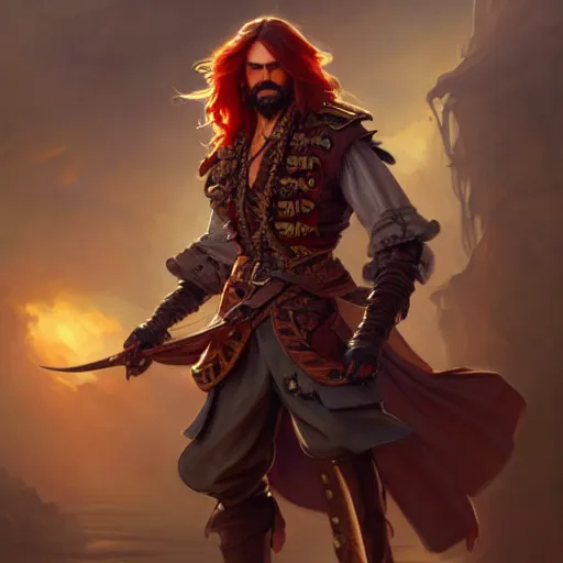 Image similar to full body shot of male pirate, D&D, handsome, amber eyes, muscular, fantasy, intricate, long hair, red hair, elegant, highly detailed, digital painting, artstation, concept art, smooth, sharp focus, illustration, art by artgerm and greg rutkowski and alphonse mucha