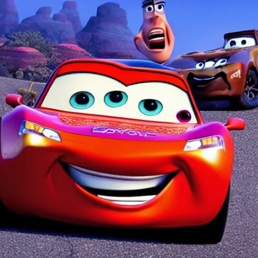 Image similar to cars movie with the face of David Copperfield, pixar