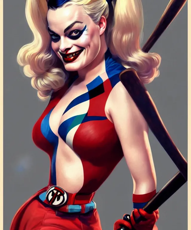 Prompt: 1940's pin-up Margot Robbie as Harley Quinn, fully dressed, with baseball bat, highly detailed, digital painting, artstation, concept art, smooth, sharp focus, illustration, art by artgerm and greg rutkowski and alphonse mucha