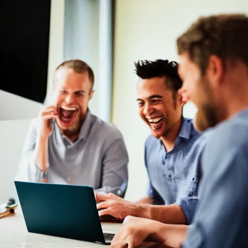 Prompt: several guys looking at a laptop screen laughing, colour photograph, 35mm