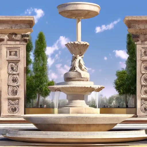 Image similar to design of a fountain, roman style, white color scheme, vivid lighting, photorealist, 4 k