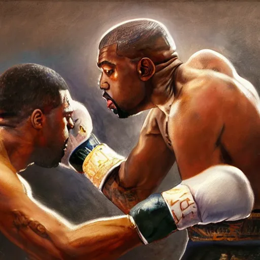 Prompt: a beautiful painting of kanye west knocking out pete davidson in a boxing ring, rendered art, highly detailed painting by gaston bussiere, craig mullins, j. c. leyendecker 8 k, trending on artstation, watercolor