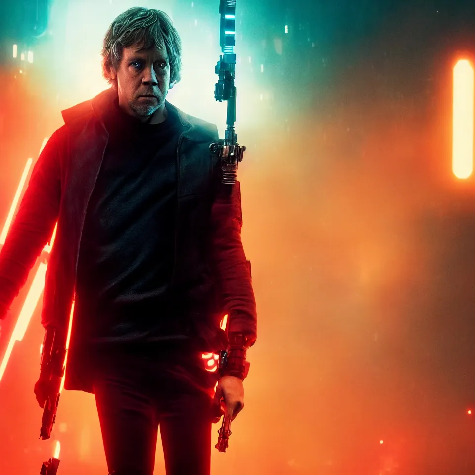 Image similar to Harrowing Luke Skywalker wearing cyberpunk gadgets in the style of Blade Runner 2049 (2017). Cinematic. Professional Photo. UHD. 8k. Clear Face.