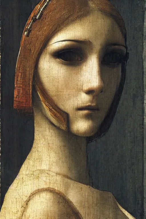 Image similar to a close - up portrait of a cyberpunk cyborg girl, by leonardo davinci, rule of thirds