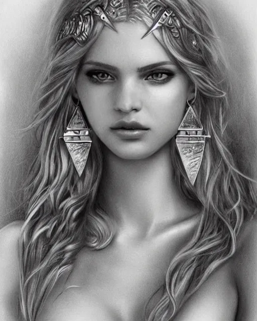 Image similar to pencil drawing of a beautiful greek goddess aphrodite with arrowhead earrings, beautiful piercing eyes, beautiful blonde hair, hyper realistic face, in the style of greg rutkowski, fantasy, amazing detail, epic, elegant, smooth, sharp focus, from the front