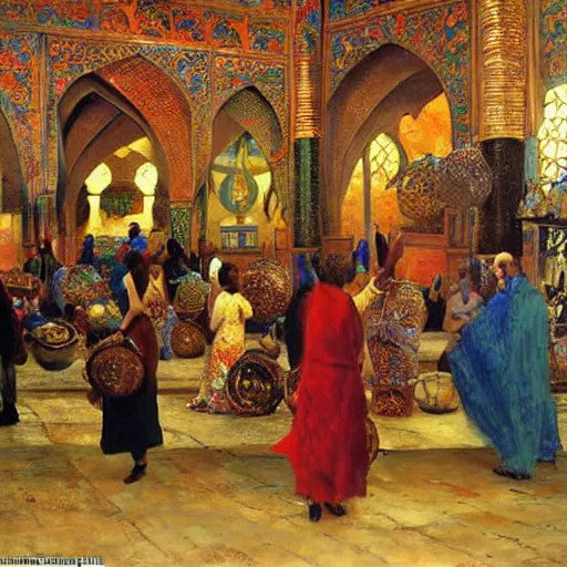 Prompt: an oil painting in the style of orientalism of dragons on display in a dragon auction in the grand bazaar of isfahan by edwin lord weeks