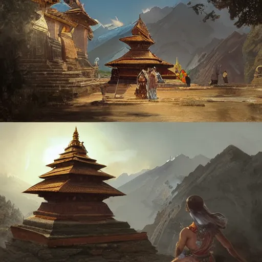 Image similar to painting nepal in year 2 0 7 7 with flying car and temple, ultra realistic, concept art, intricate details, eerie, highly detailed, photorealistic, octane render, 8 k, unreal engine. art by artgerm and greg rutkowski and alphonse mucha