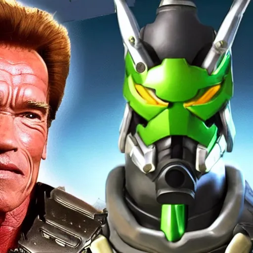 Image similar to a screenshot of arnold schwarzenegger as genji in overwatch, detailed, hyper realistic, award winning photo