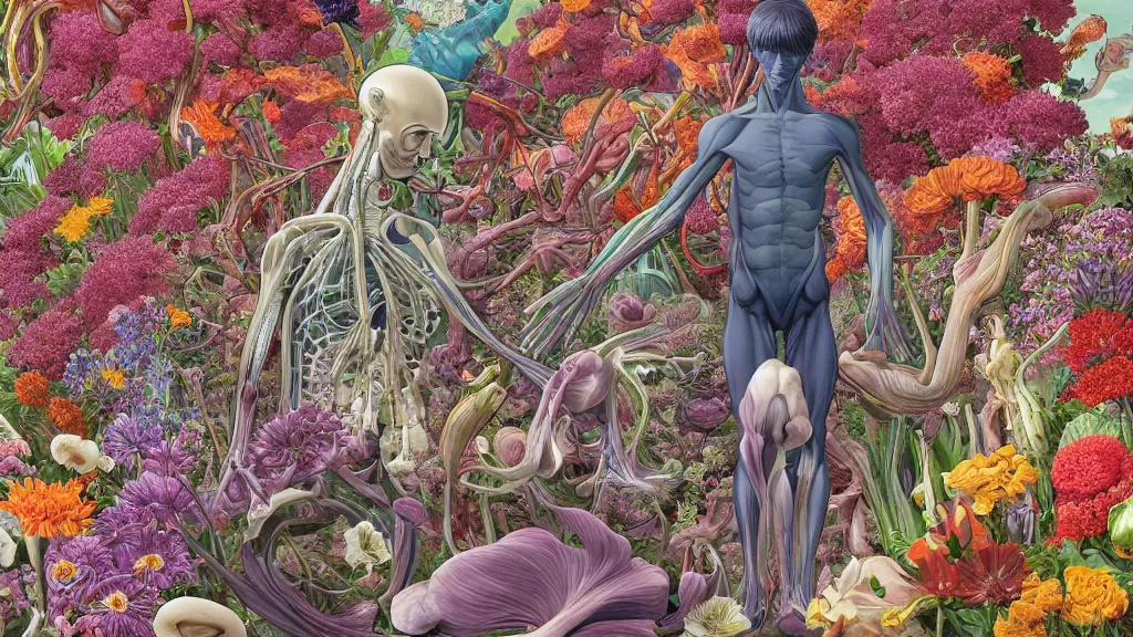 Image similar to highly detailed illustration of a human anatomy body exploded by all the known species of flowers by juan gatti, by makoto shinkai, by moebius!, by oliver vernon, by joseph moncada, by damon soule, by manabu ikeda, by kyle hotz, by dan mumford, by kilian eng