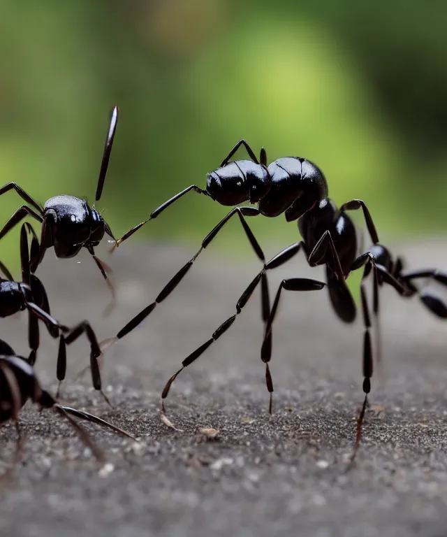 Image similar to high quality presentation photo of cute anthropomorphic black ants eating alien bugs, photography 4k f1.8 anamorphic bokeh 4k Canon Nikon