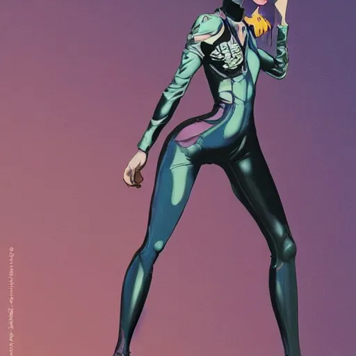 Image similar to thin girl with boyish body shape in catsuit. illustration by james jean and satoshi kon and erik jones, inspired by evangelion, smooth feature, intricate oil painting, high detail illustration, sharp high detail