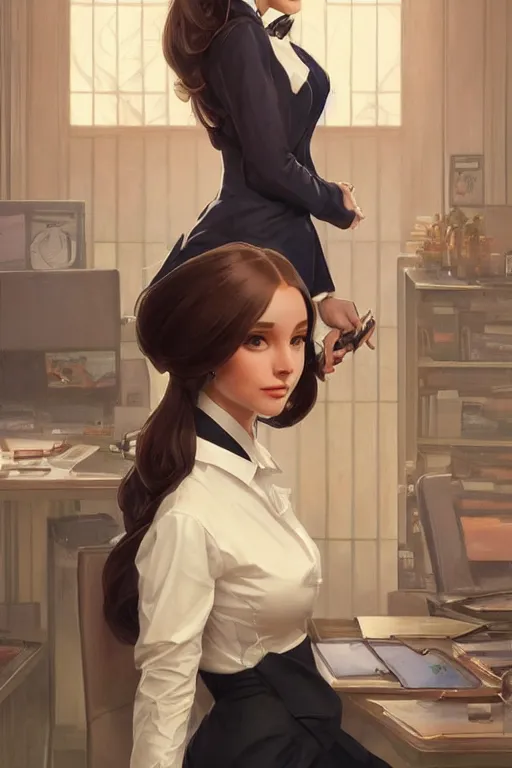 Image similar to evil cottagecore Ariana Grande , business chic attire, office setting, intricate, elegant, highly detailed, digital painting, artstation, concept art, smooth, sharp, focus, illustration, art by artgerm and greg rutkowski and alphonse mucha