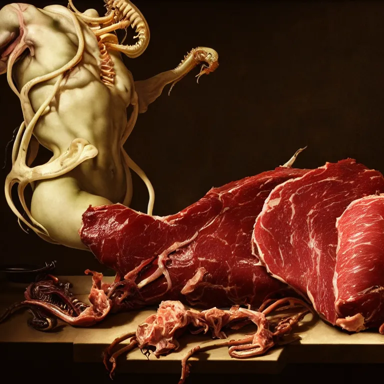 Image similar to still life of rotten meat, xenomorph, beautiful tropical flowers, human spine, tropical fruit baroque painting, beautiful detailed intricate insanely detailed octane render, 8K artistic photography, photorealistic, chiaroscuro, Raphael, Caravaggio