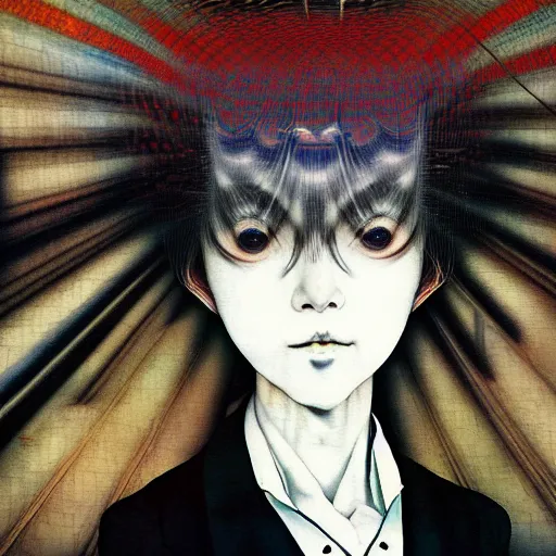 Image similar to yoshitaka amano blurred and dreamy realistic three quarter angle portrait of a woman with white hair and black eyes wearing dress suit with tie, junji ito abstract patterns in the background, satoshi kon anime, noisy film grain effect, highly detailed, renaissance oil painting, weird portrait angle, blurred lost edges