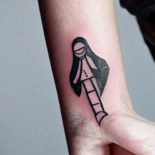 Prompt: handpoke tattoo of a black and white children's drawing, stick poke, lineart