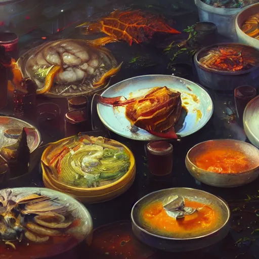 Image similar to A close up shot of a table-spread of amazing food hot and fresh and steaming, ultra high detailed, oil painting, Greg Rutkowski, Charlie Bowater, Yuumei, Yanjun Cheng, unreal 5, DAZ, hyperrealistic, octane render, RPG portrait, dynamic lighting, fantasy art, beautiful