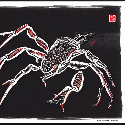 Image similar to scorpion red white and black drawn by Shuichi Shigeno and Michiharu Kusunoki pen ink drawing