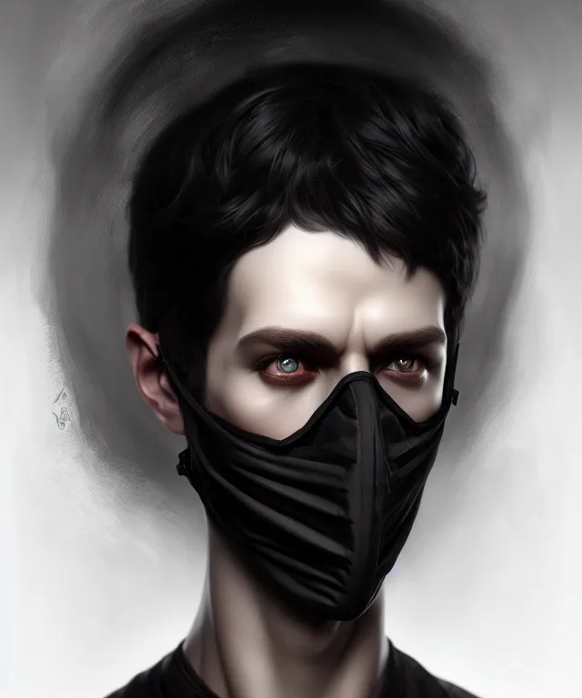 Image similar to white man with black fabric mask, short dark hair, highly detailed face!!!, true anatomy!, extremely detailed!, digital painting, unreal engine 5, art by tom bagshaw