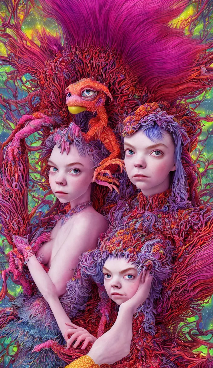 Image similar to hyper detailed 3d render like a Oil painting - kawaii portrait of two Aurora (a beautiful skeksis muppet fae princess protective playful silly from dark crystal that looks like Anya Taylor-Joy) seen red carpet photoshoot in UVIVF posing in scaly dress to Eat of the Strangling network of yellowcake aerochrome and milky Fruit and His delicate Hands hold of gossamer polyp blossoms bring iridescent fungal flowers whose spores black the foolish stars by Jacek Yerka, Ilya Kuvshinov, Mariusz Lewandowski, Houdini algorithmic generative render, Abstract brush strokes, Masterpiece, Edward Hopper and James Gilleard, Zdzislaw Beksinski, Mark Ryden, Wolfgang Lettl, hints of Yayoi Kasuma and Dr. Seuss, octane render, 8k