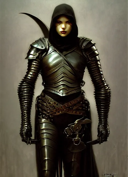 Image similar to thief, dagger, leather armor, full body, hyper realistic, extremely detailed, dnd character art portrait, dark fantasy art, intricate fantasy painting, dramatic lighting, vivid colors, deviantart, artstation, by edgar maxence and caravaggio and michael whelan and delacroix.