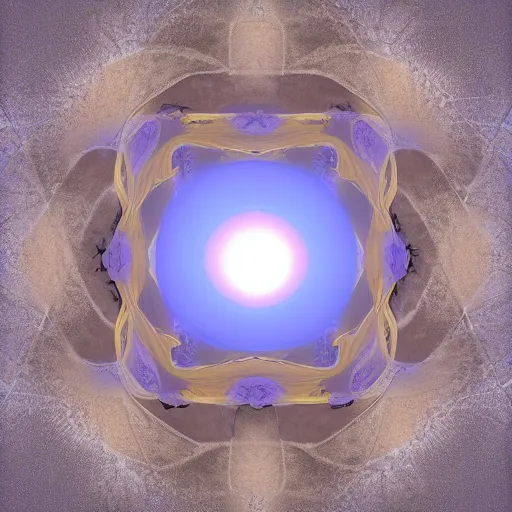 Image similar to strange fractal object floating in the middle of a hallway, glowing in the dark