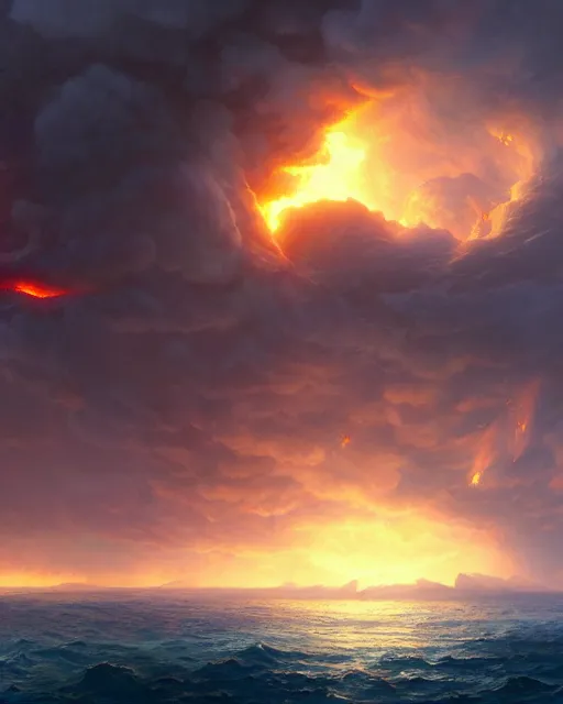 Image similar to matte painting,Epic scene, Fire Phoenix,sea,cloud,by greg rutkowski and Richard Lay,in volumetric lighting, Trending on artstation,HD