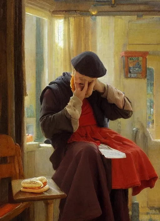 Image similar to a 1 4 th century monk wearing a turtle neck sweater at a mcdonalds by vladimir volegov and alexander averin and pierre auguste cot and delphin enjolras