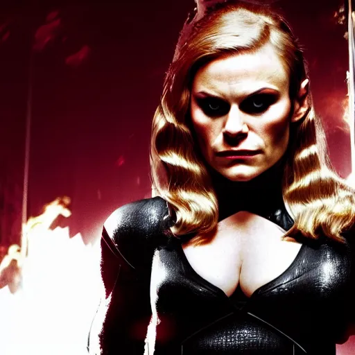 Image similar to anna paquin as a super villain, 4 k, cinematic, action scene