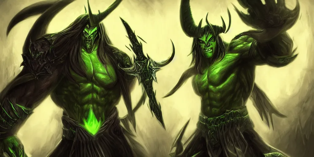 Prompt: illidan stormrage the demon hunter with his blades ultra details background trending on artstation digital painting splashart drawn by a professional artist