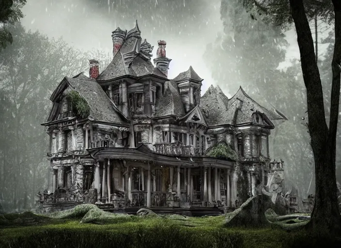 Prompt: A haunted Mansion in the middle of the woods, evil, demonic, enchanting, angelic, flowers, nature, city, symmetry, environment concept, cinematic, Rendered in Octane, trending on artstation, cgsociety, moody lighting rendered by octane engine, environment 8K artstation, cinematic lighting, intricate details, 8k detail post processing, hyperealistic, octane render, photo realism, visually inspired by Blade Runner 2049