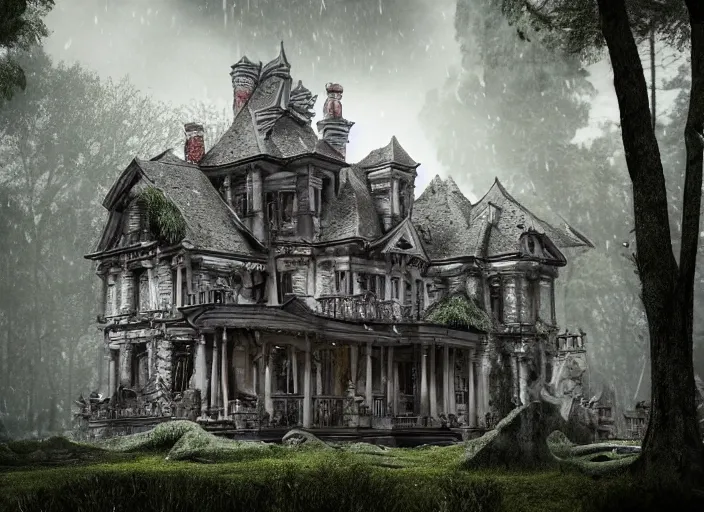 Image similar to A haunted Mansion in the middle of the woods, evil, demonic, enchanting, angelic, flowers, nature, city, symmetry, environment concept, cinematic, Rendered in Octane, trending on artstation, cgsociety, moody lighting rendered by octane engine, environment 8K artstation, cinematic lighting, intricate details, 8k detail post processing, hyperealistic, octane render, photo realism, visually inspired by Blade Runner 2049