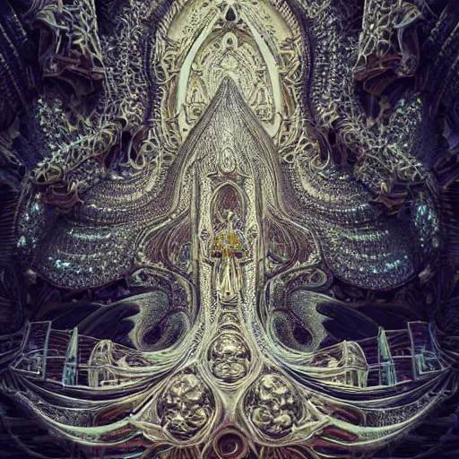 Prompt: beautiful hyperrealistic 3 d render of a delicate ivory sculpture of an ornate cathedral made entirely of mandelbrot fractals by android jones, micro detail, unreal engine, dramatic lighting, psychedelic, octane renderer, catholicpunk, glowing, white color scheme, photorealistic, physically based rendering, angelic, hyper detailed, colorful, carved soap, trending on cgsociety