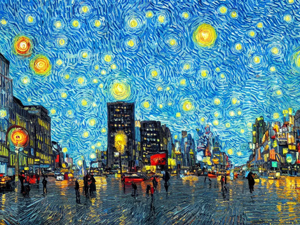 Image similar to bright beautiful oil painting of flying saucers invade new york city in 2 0 1 9, light scatter, van gogh