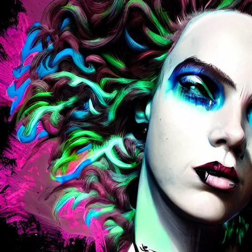 Prompt: splashes of neon clouds, mowhawk, punk women portrait made out of paint, trending on artstation, epic composition, emotional, beautiful, rendered in octane, highly detailed, realistic, tim burton comic book art, sharp focus, unreal engine