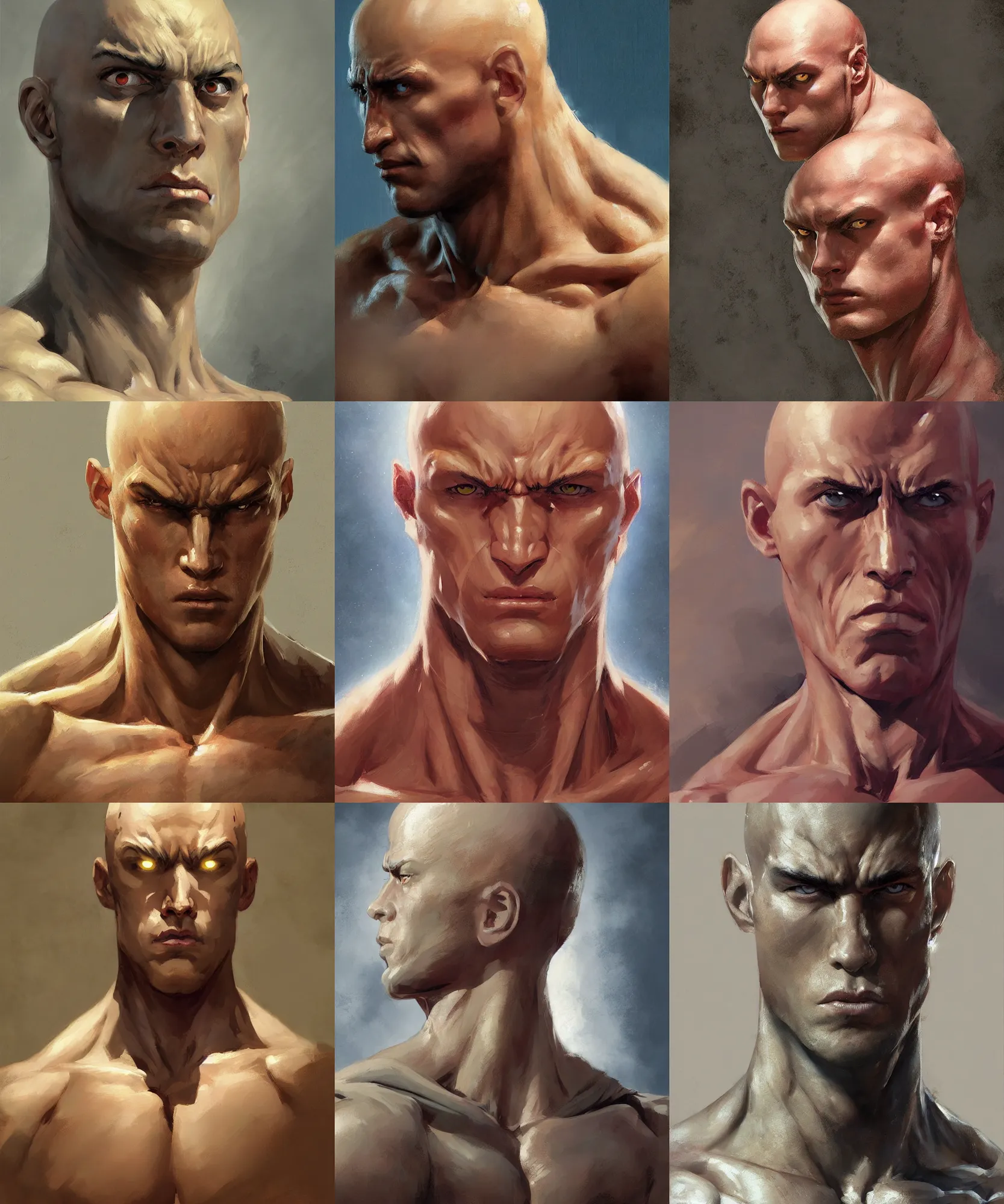 Prompt: digital art painting of a muscular bald young man wearing a saitama costume painted by craig mullins and gaston bussiere and greg rutkowski, symmetrical face, defined facial features, symmetrical facial features, dramatic lighting, close up