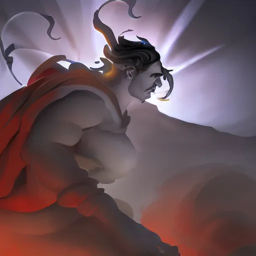 Image similar to low angle, wide shot, Zagreus back to camera, facing Hades, in the river Styx, dramatic lighting, cinematic, trending on art station.
