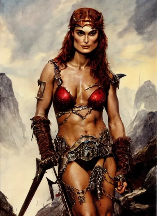 Image similar to Portrait of Keira Knightley as Red Sonja, painted by Frank Frazetta, highly detailed, 8k