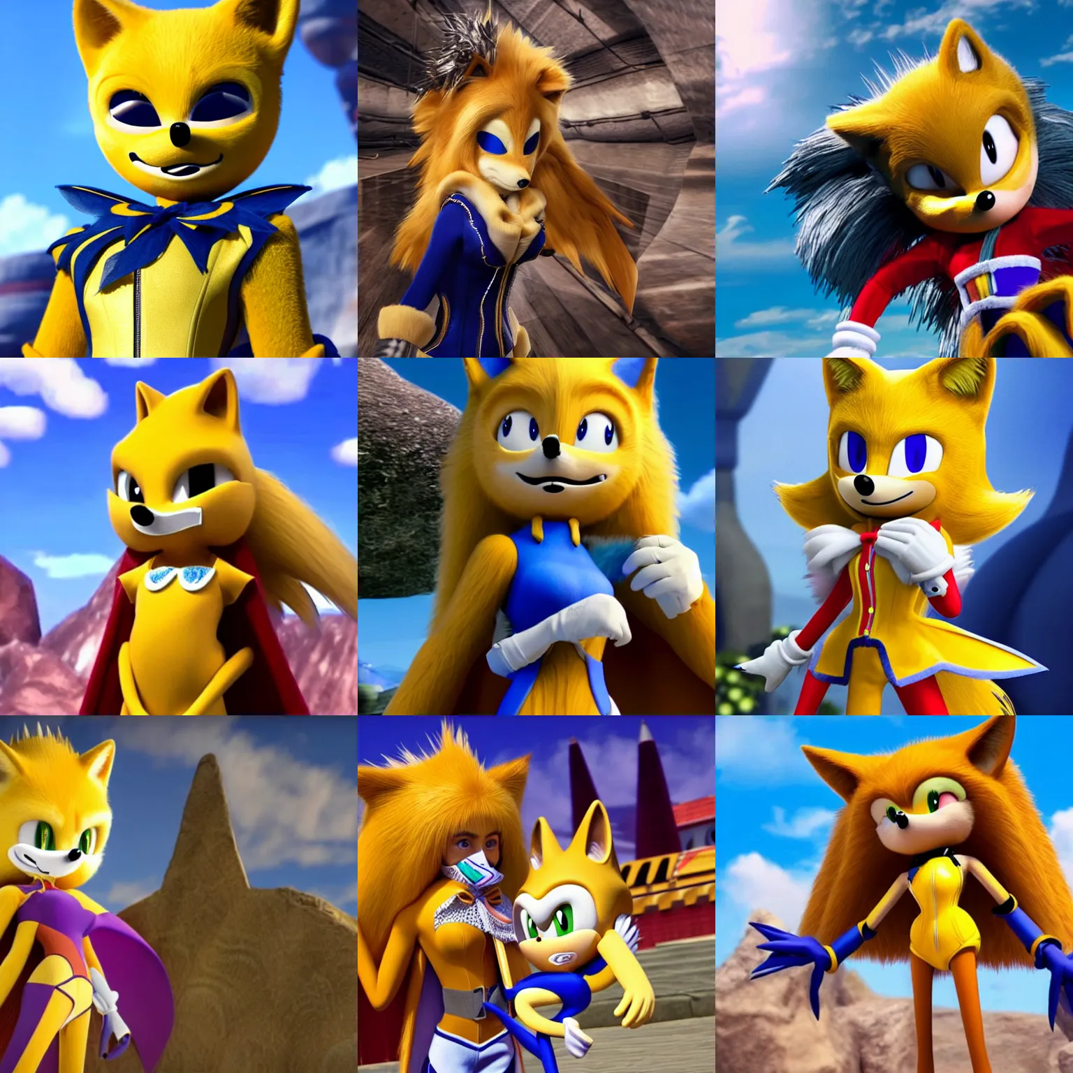Prompt: an anthropomorphic female yellow wolf wearing a corset, a cloak and a mask, her hair is going over one of her eyes in sonic the hedgehog ( 2 0 1 8 )
