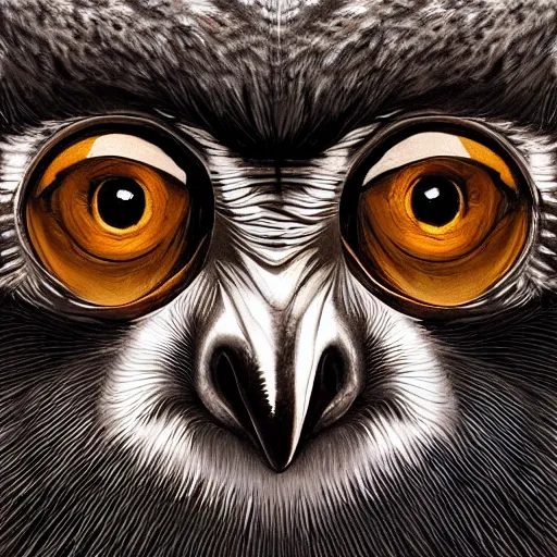 Prompt: “four eyes monkeyowl, realistic, hiperrealist, photorealist, intricate, sharp focus, cinematic lights, Artstation HQ, Deviantart trending, 4K UHD, masterpiece”